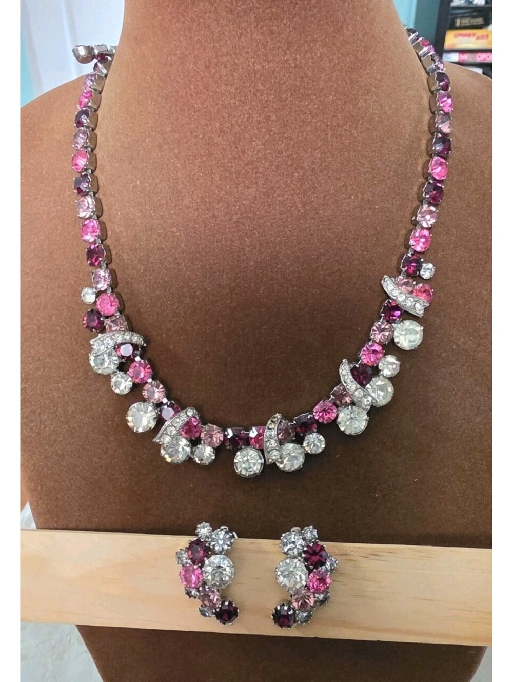 Weiss Vintage Multicolor Rhinestones Necklace And Clipon Earrings
